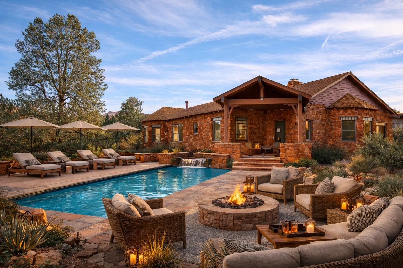 Conceptual rendering of the Gassaway Estate with pool, fire pit, and outdoor living area