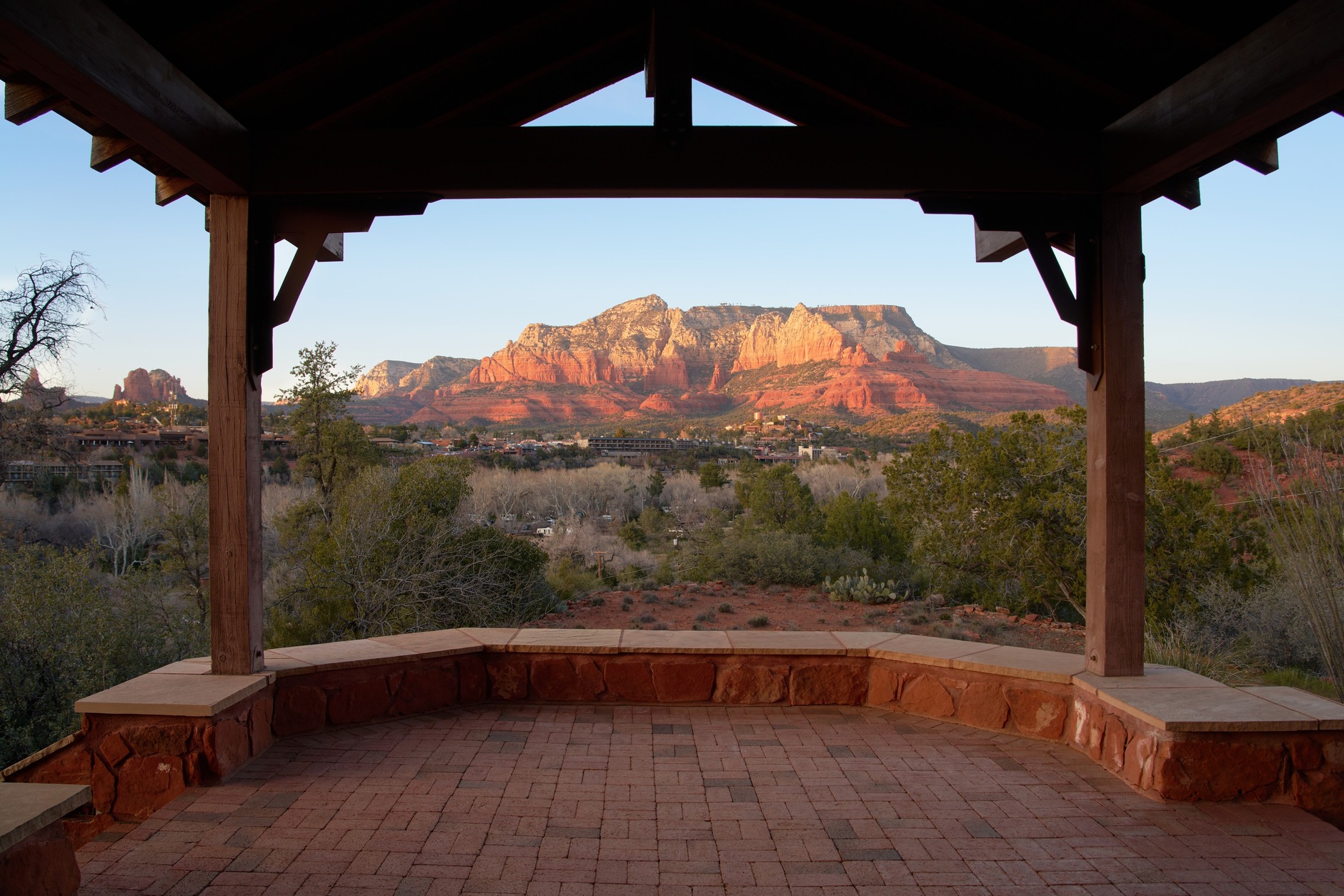 View from the estate pavilion framing Sedona's red rock panorama