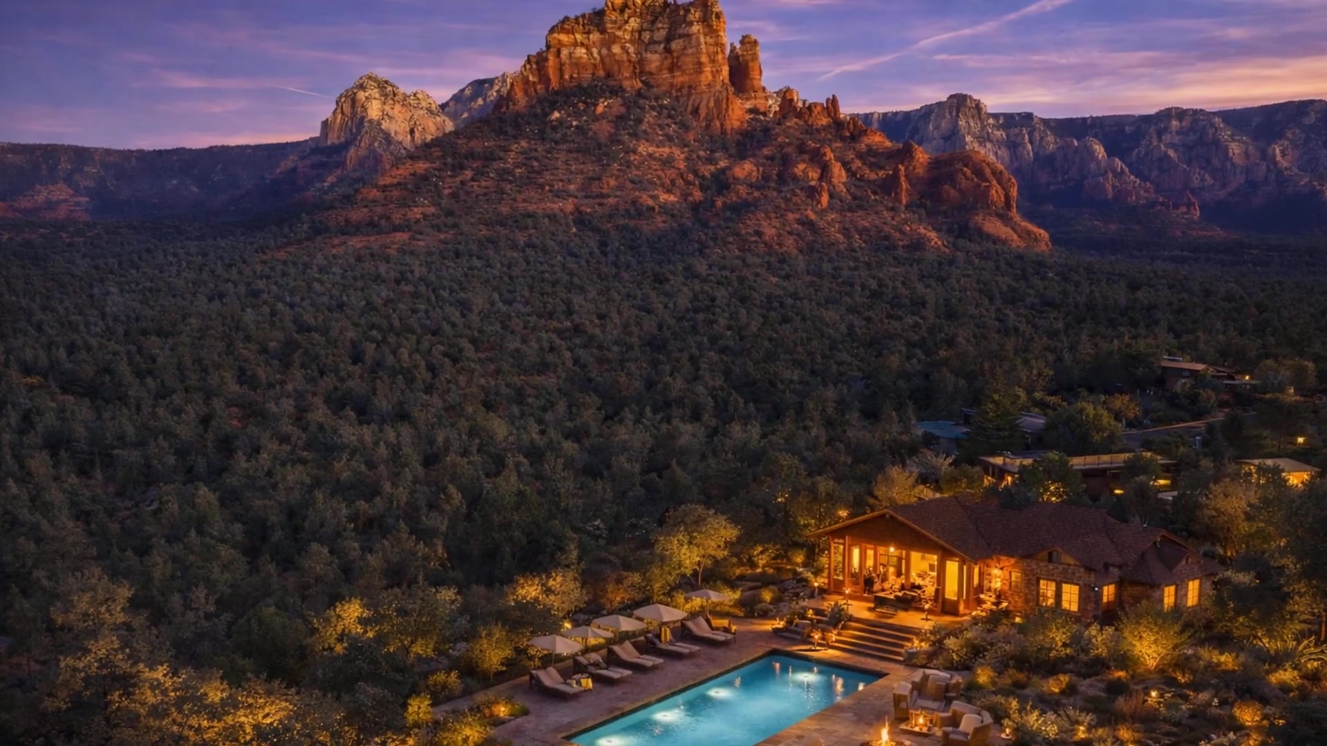 Conceptual render — aerial view of estate at sunset with pool