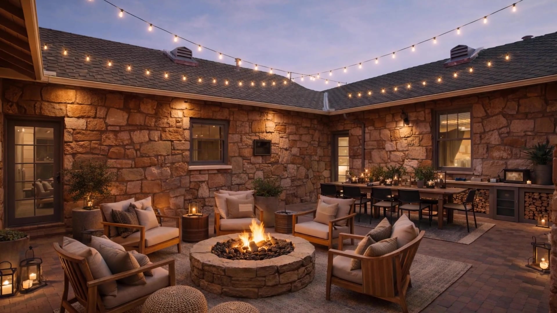 Conceptual render — courtyard with fire pit and string lights at twilight