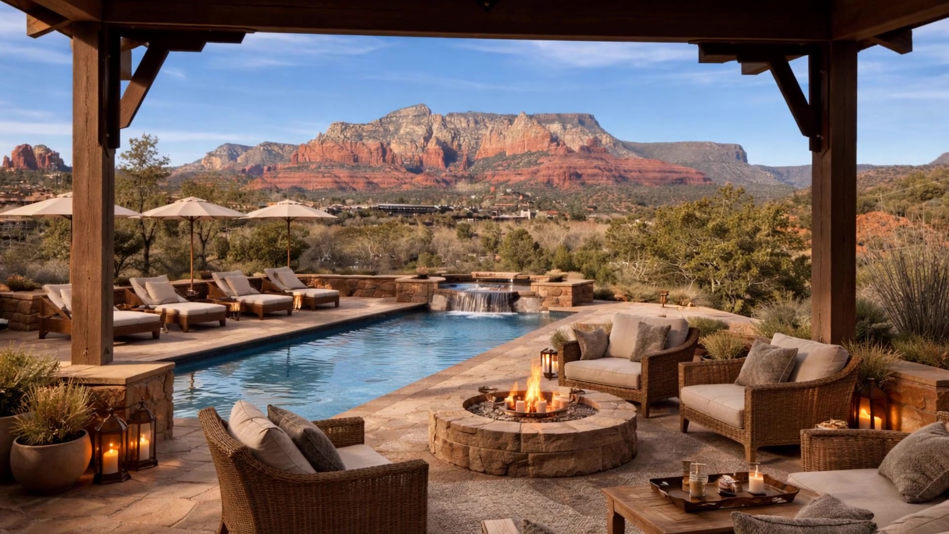 Conceptual render — covered pavilion with fire pit, pool, and red rock views