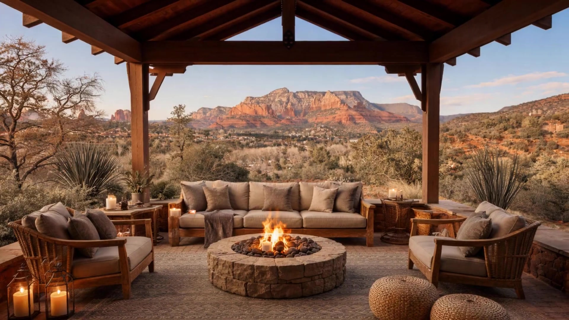 Conceptual render — covered pavilion with fire pit overlooking red rocks